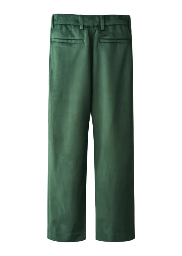 A pair of dark green wide-leg trousers shown from the back, featuring two back pockets and a belt loop waistband, set against a plain white background.