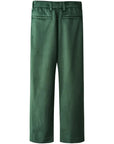A pair of dark green wide-leg trousers shown from the back, featuring two back pockets and a belt loop waistband, set against a plain white background.