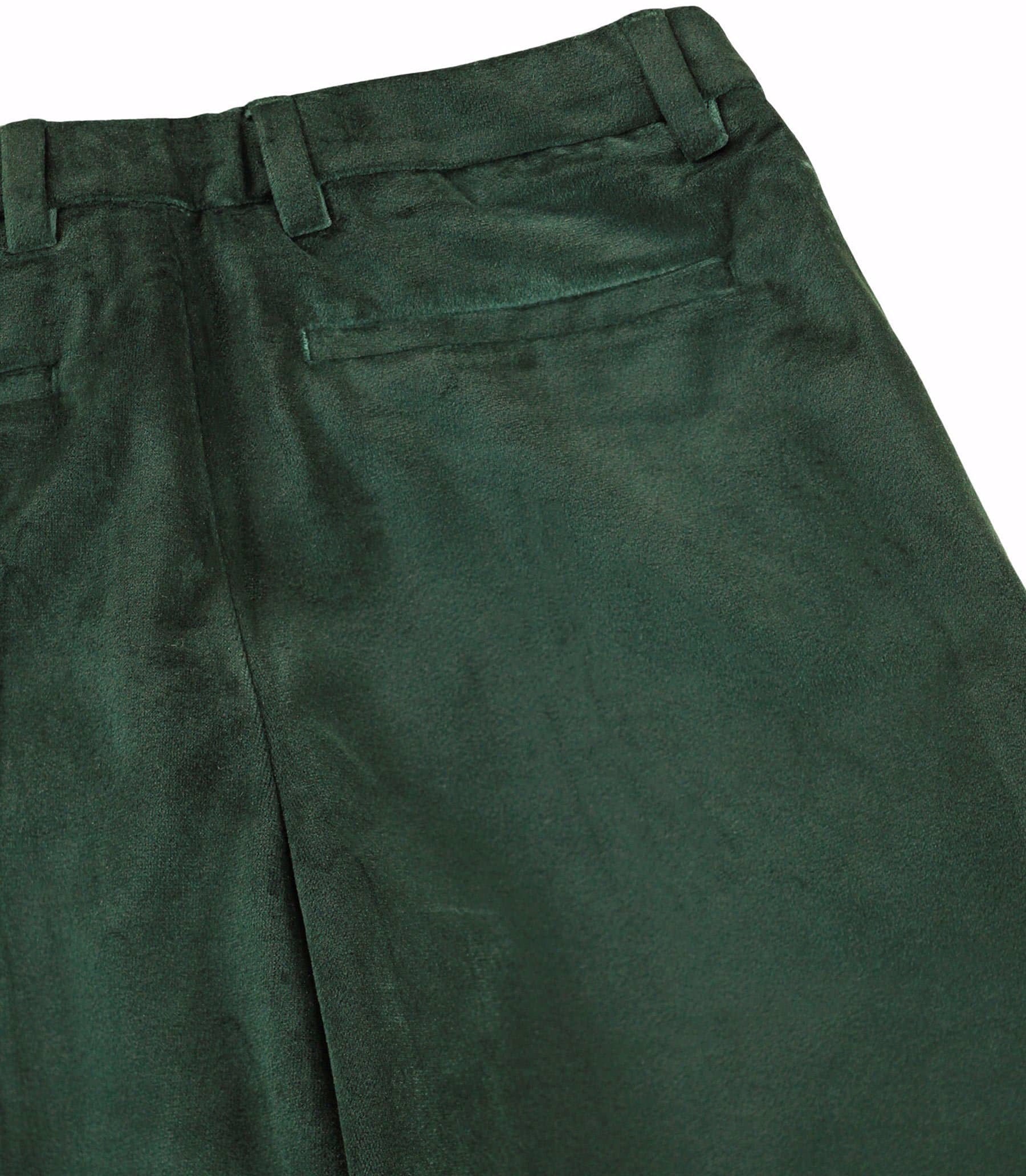 Close-up of dark green trousers showing the waistband, belt loops, and side pocket on a white background.