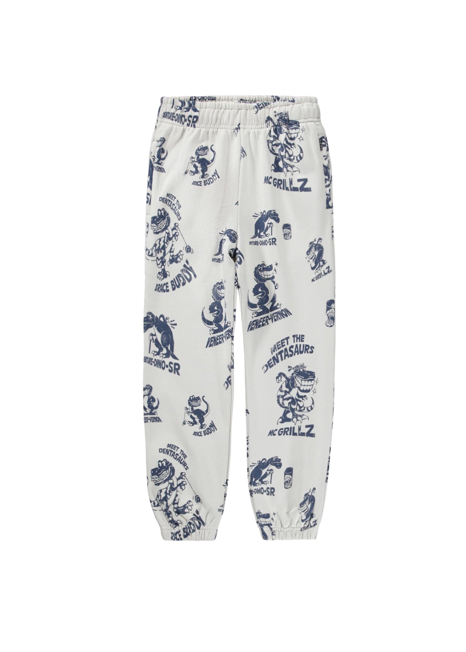 White pants with blue graphic designs on a white background