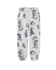 White pants with blue graphic designs on a white background