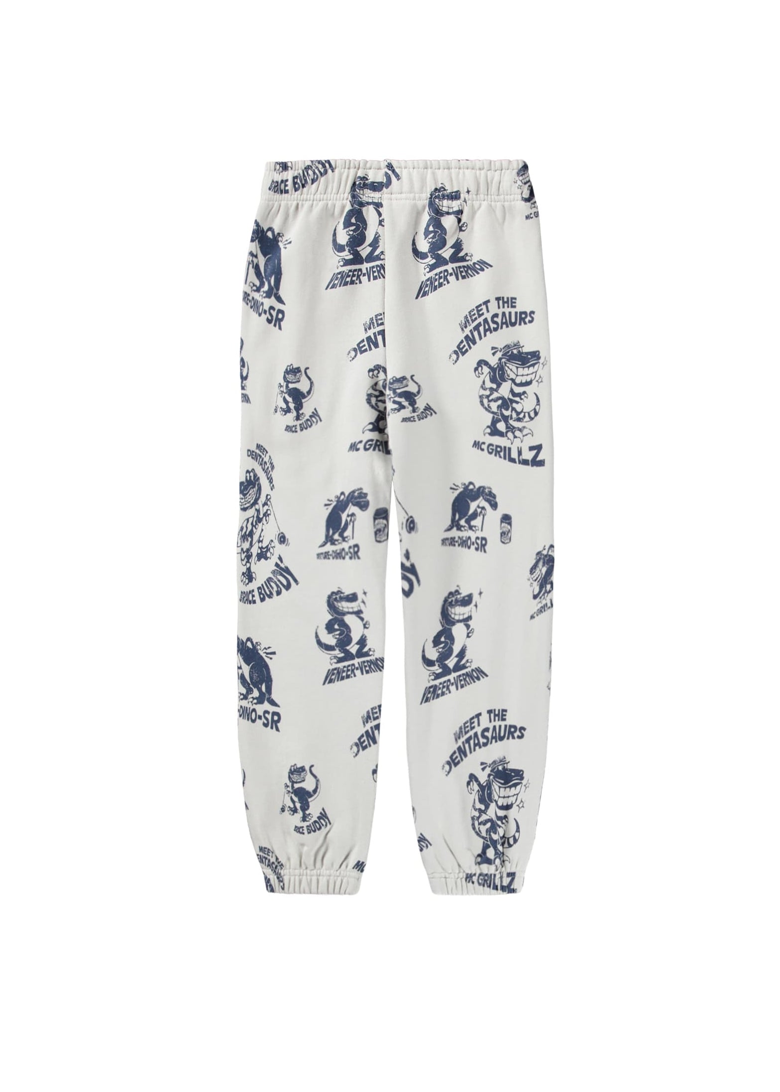 White sweatpants with blue graphic design on a white background