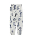 White sweatpants with blue graphic design on a white background
