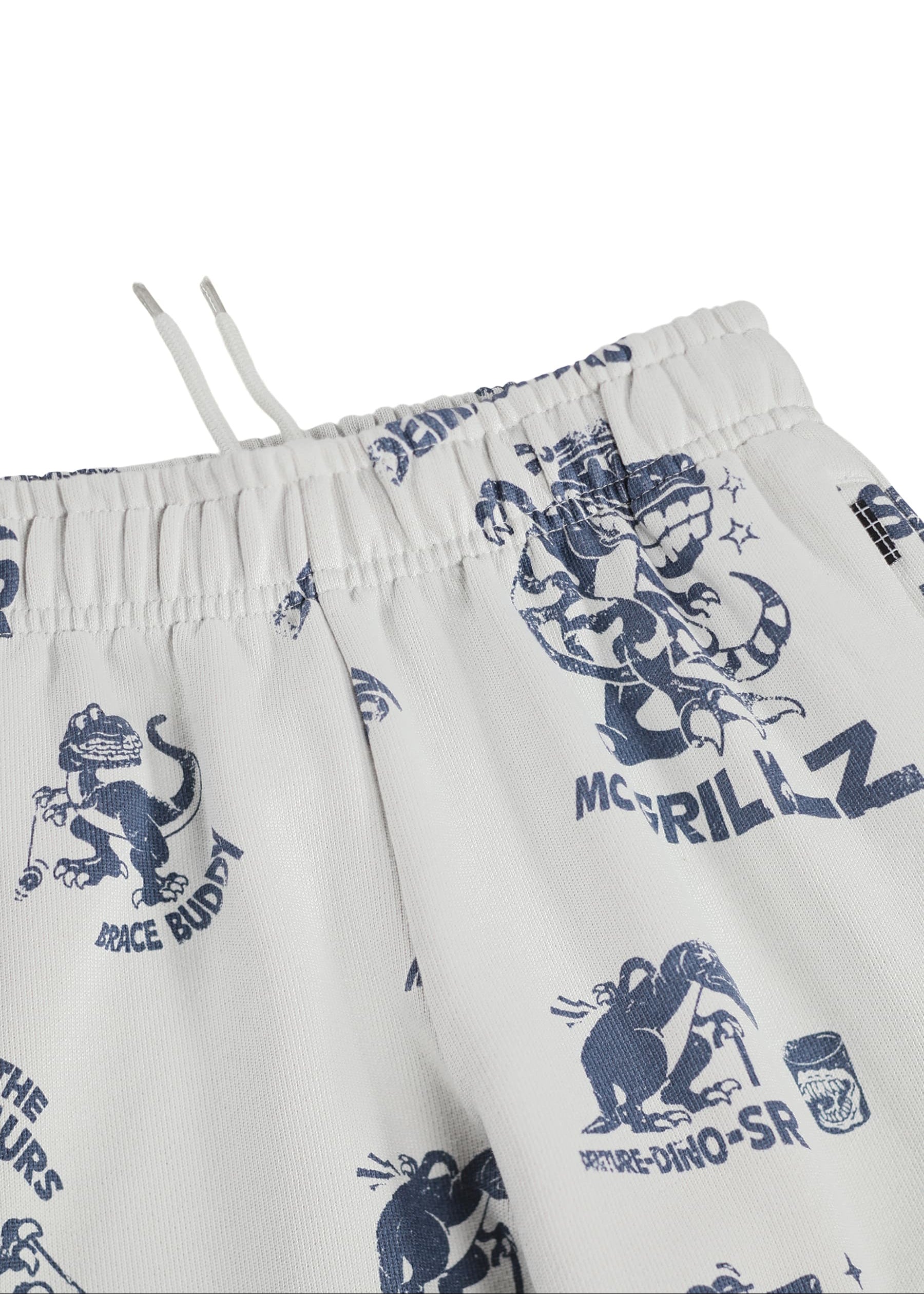 White shorts with blue animal prints and text on a white background