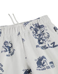 White shorts with blue animal prints and text on a white background