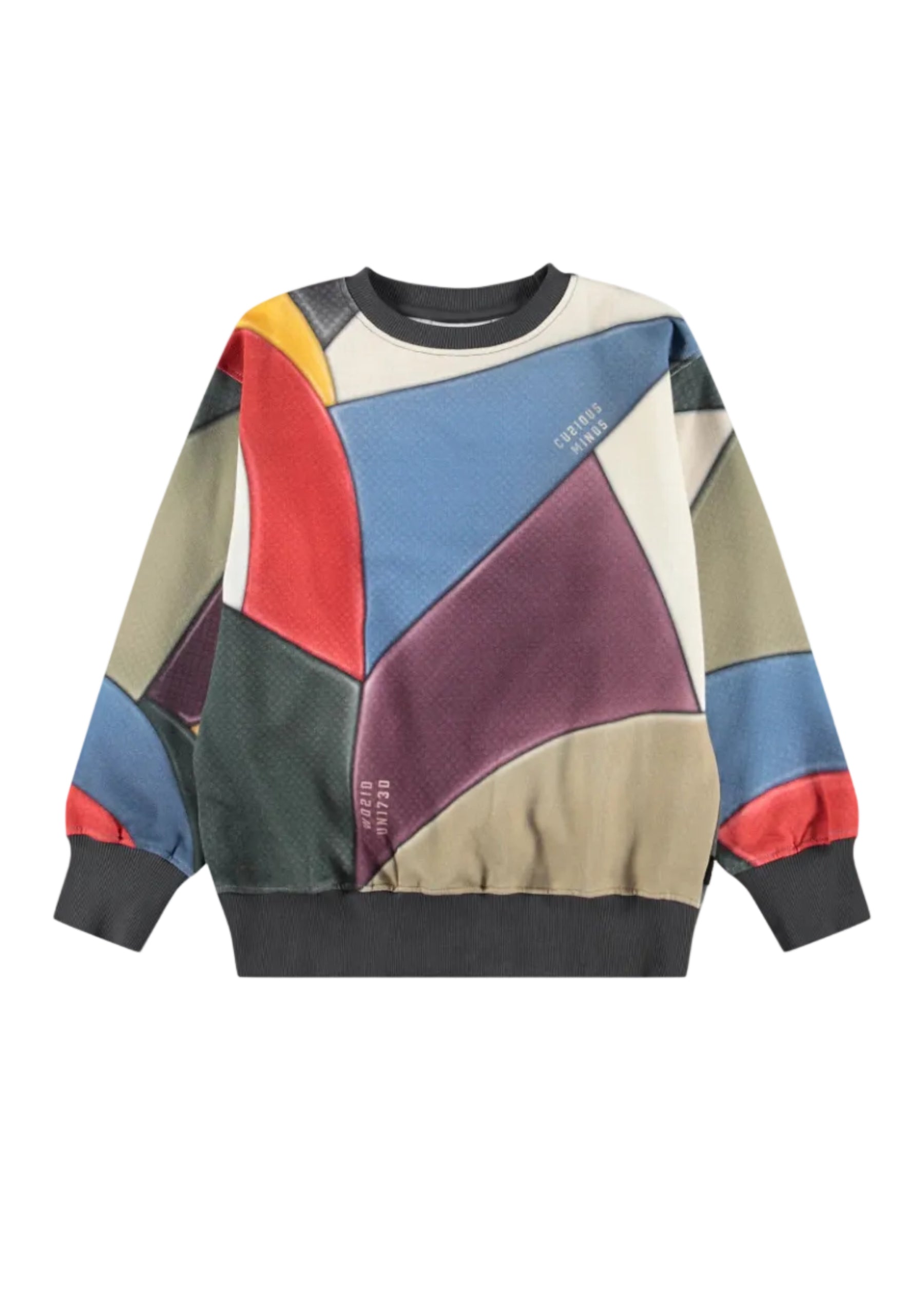 Colorful geometric-patterned sweater on a white background
