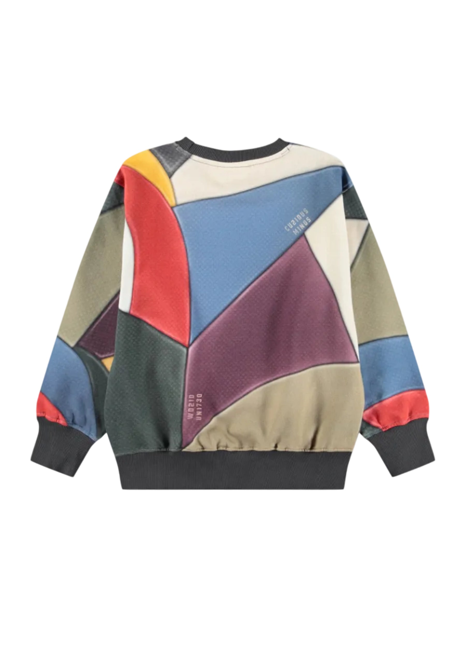 Colorful geometric-patterned sweater on a white background