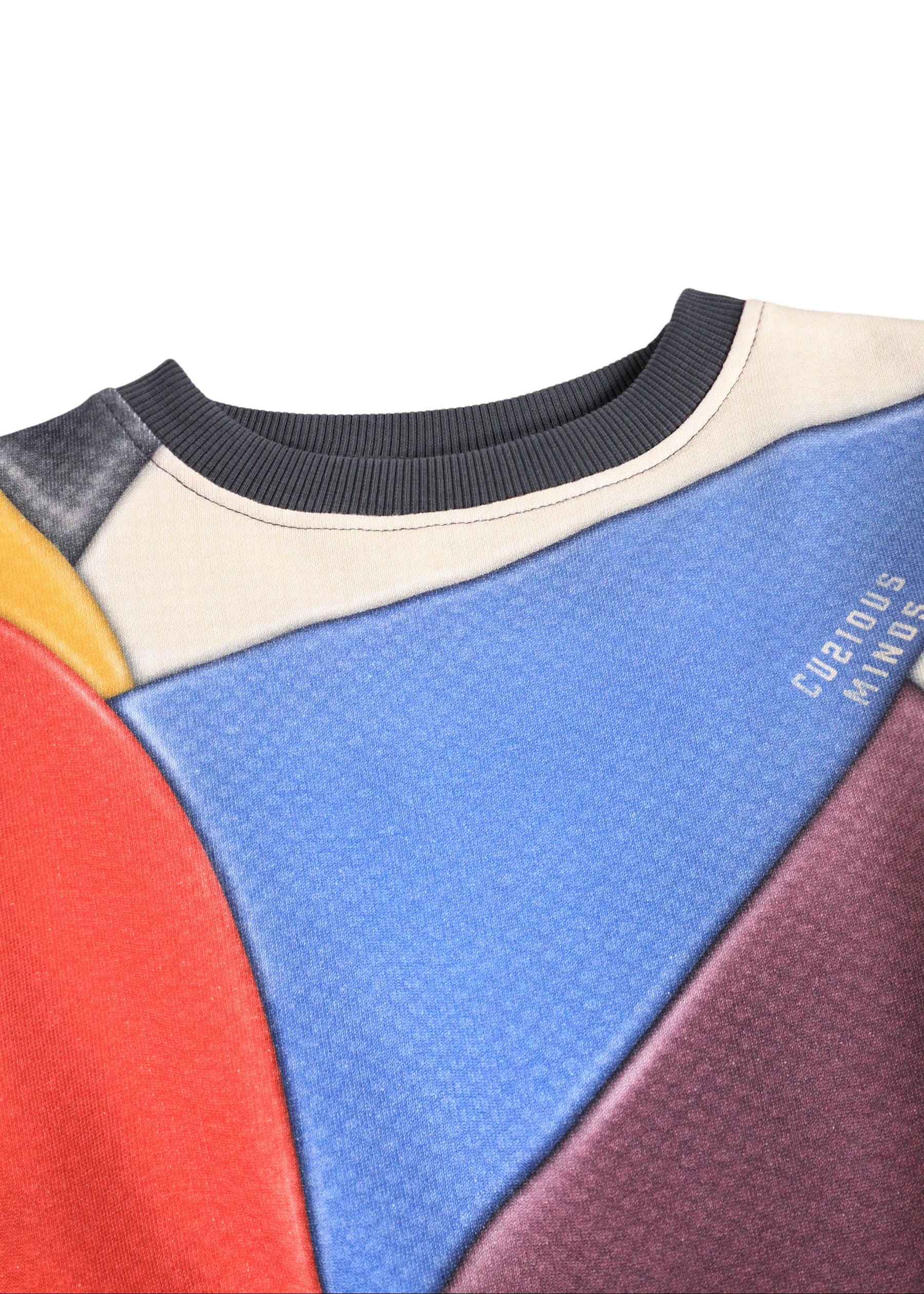 Colorful patchwork sweatshirt with a brand logo on a white background