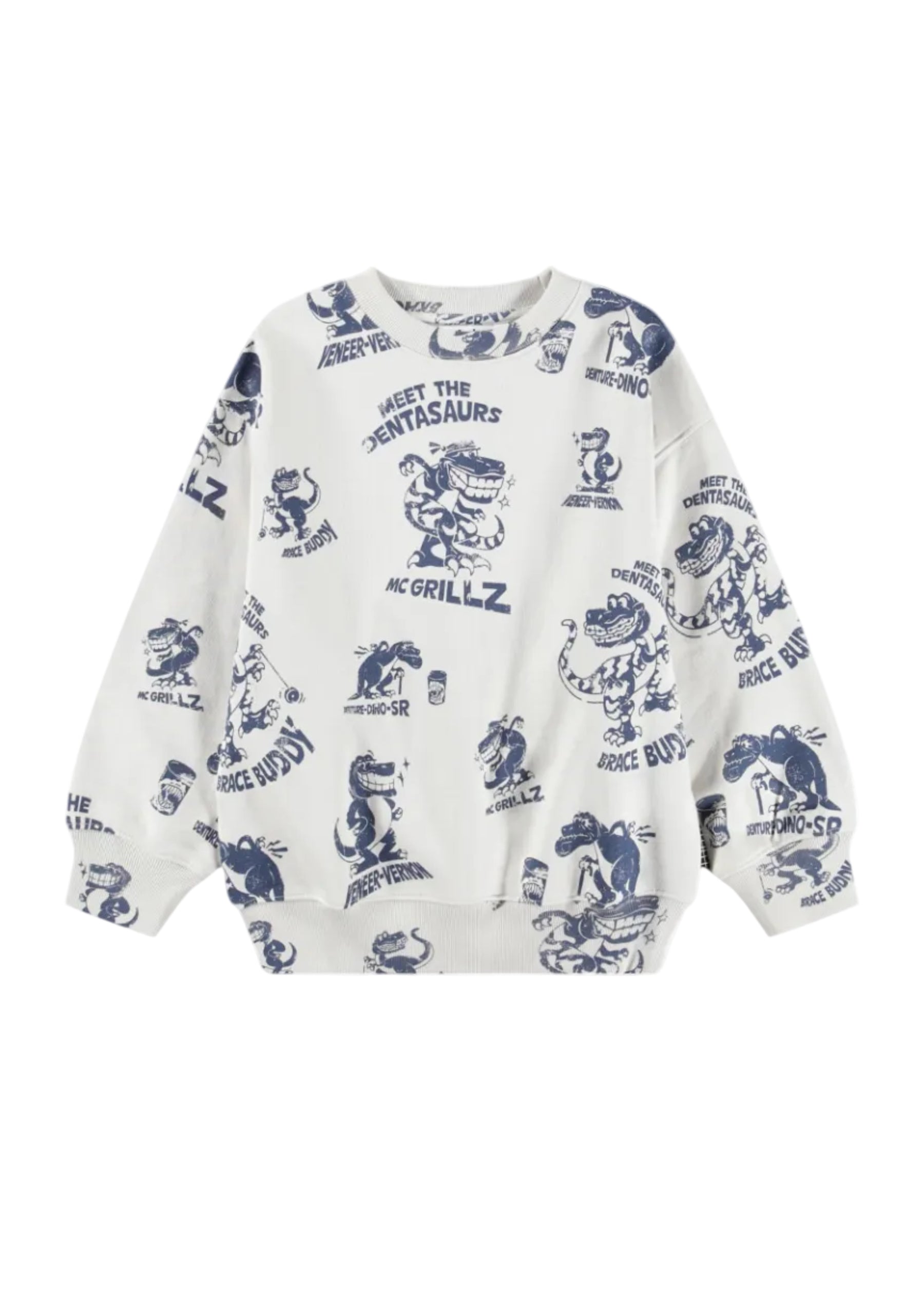 White sweatshirt with blue graphic designs on a white background