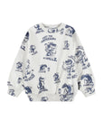 White sweatshirt with blue graphic designs on a white background