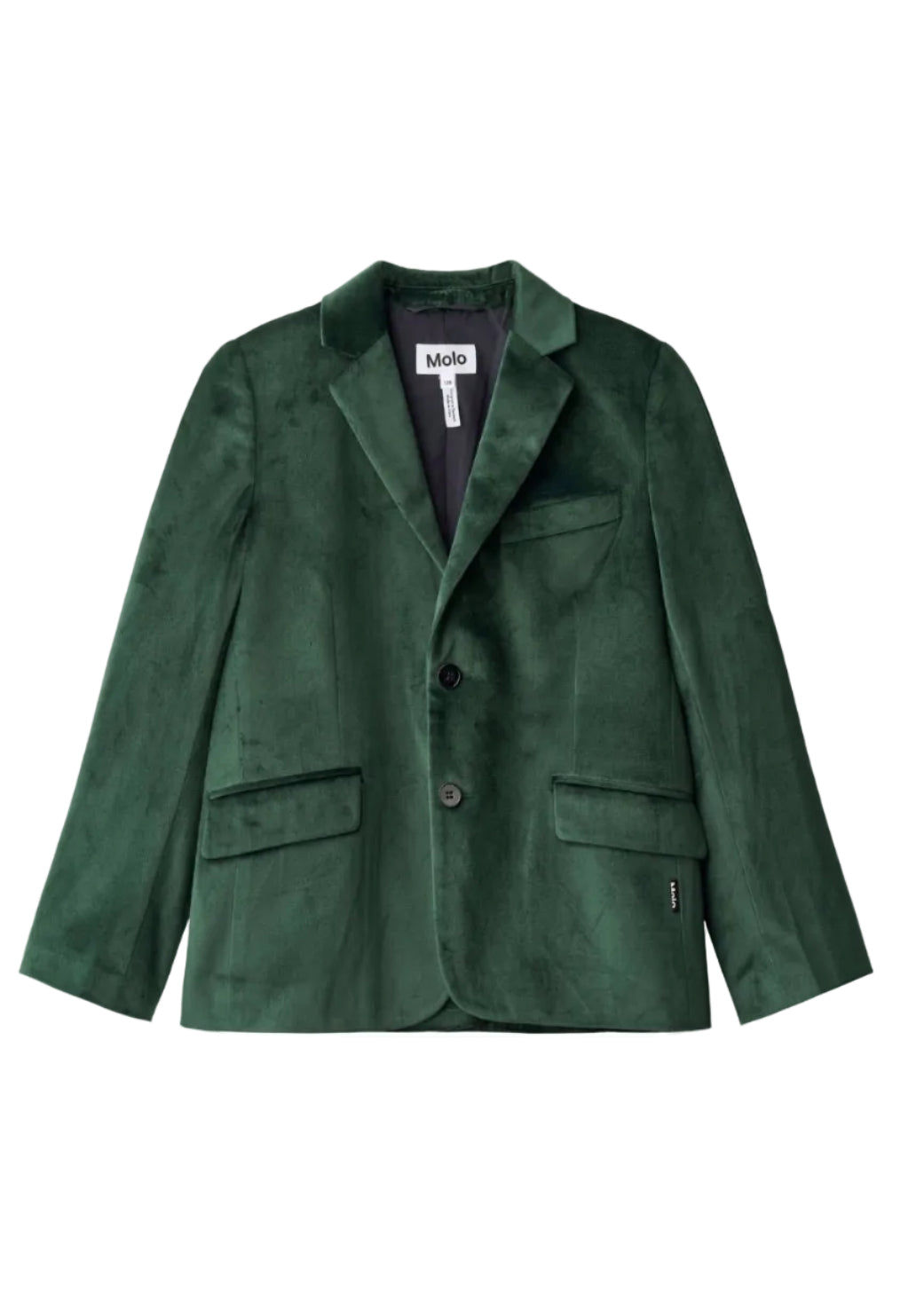 A dark green velvet blazer jacket with notch lapels, a two-button front closure, and flap pockets, shown flat against a white background. The brand label 'Molo' is visible inside the collar.