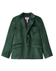 A dark green velvet blazer jacket with notch lapels, a two-button front closure, and flap pockets, shown flat against a white background. The brand label 'Molo' is visible inside the collar.