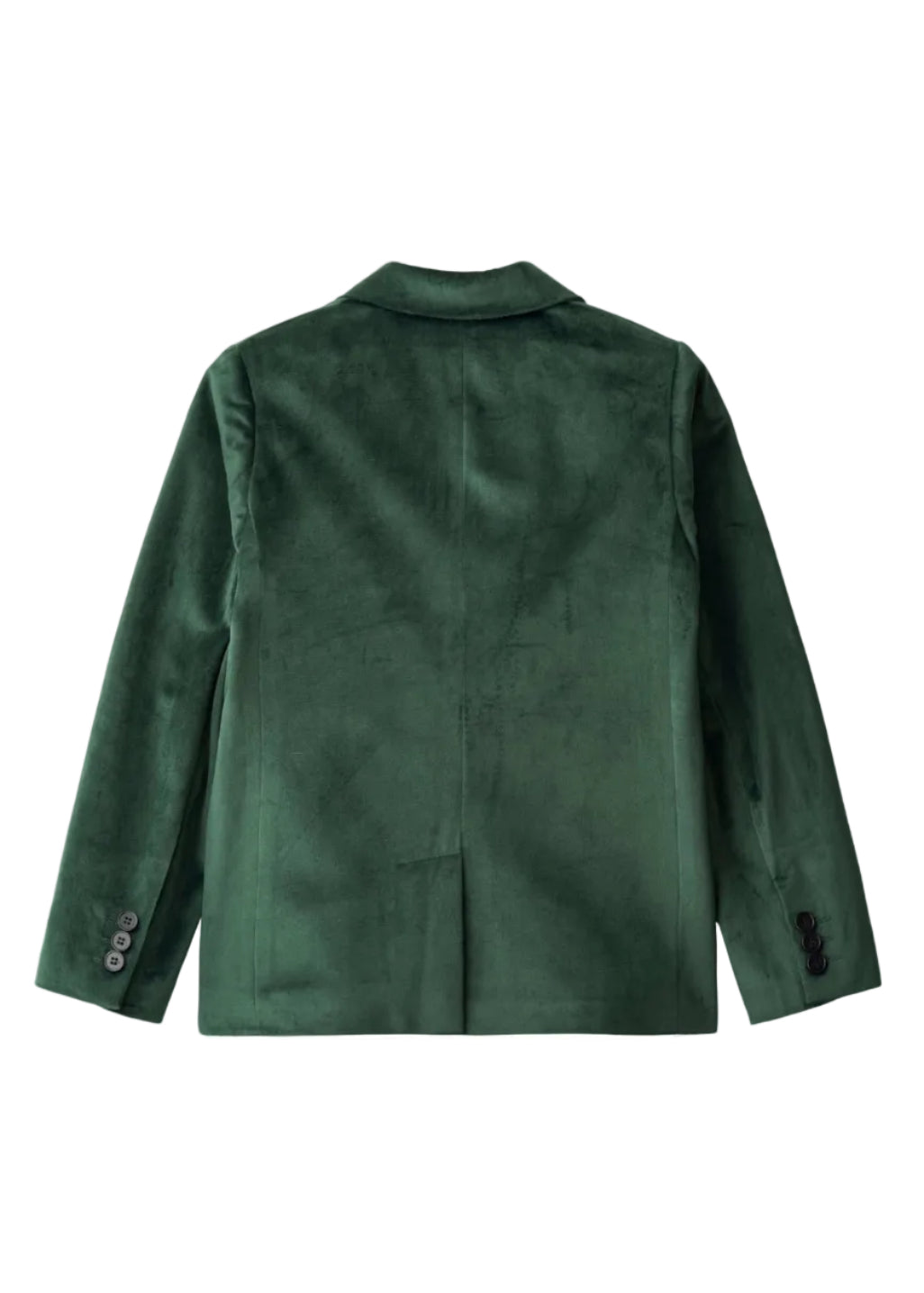 A dark green velvet blazer shown from the back, featuring a classic collar, structured shoulders, and button details on the cuffs, set against a plain white background.