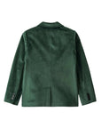 A dark green velvet blazer shown from the back, featuring a classic collar, structured shoulders, and button details on the cuffs, set against a plain white background.