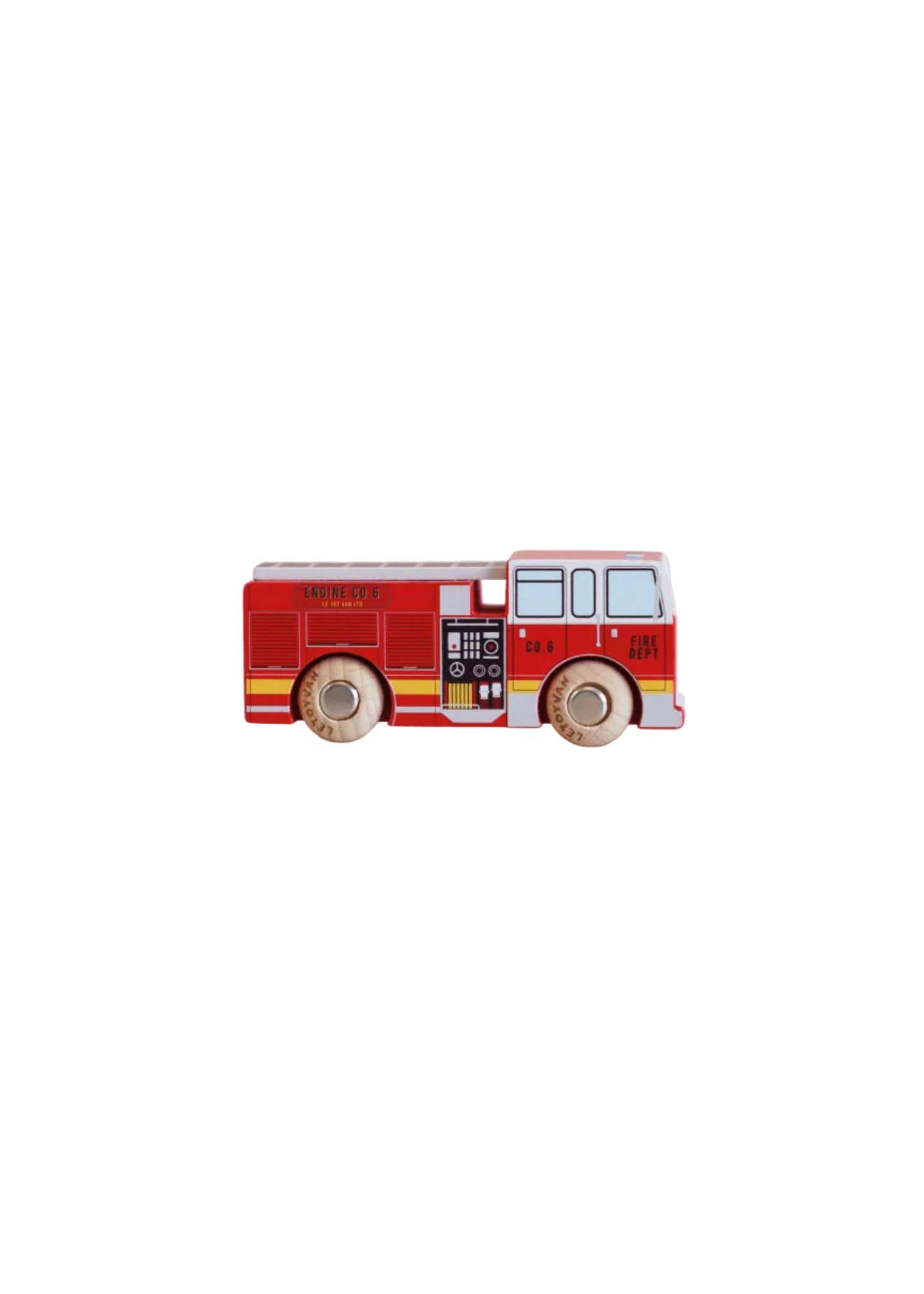 Wooden toy fire truck model on a beige background