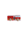 Wooden toy fire truck model on a beige background