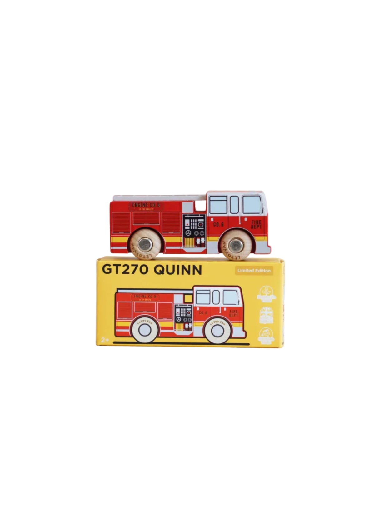 Toy fire truck with packaging labeled 'GT270 Quinn' on a light background