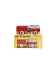 Toy fire truck with packaging labeled 'GT270 Quinn' on a light background