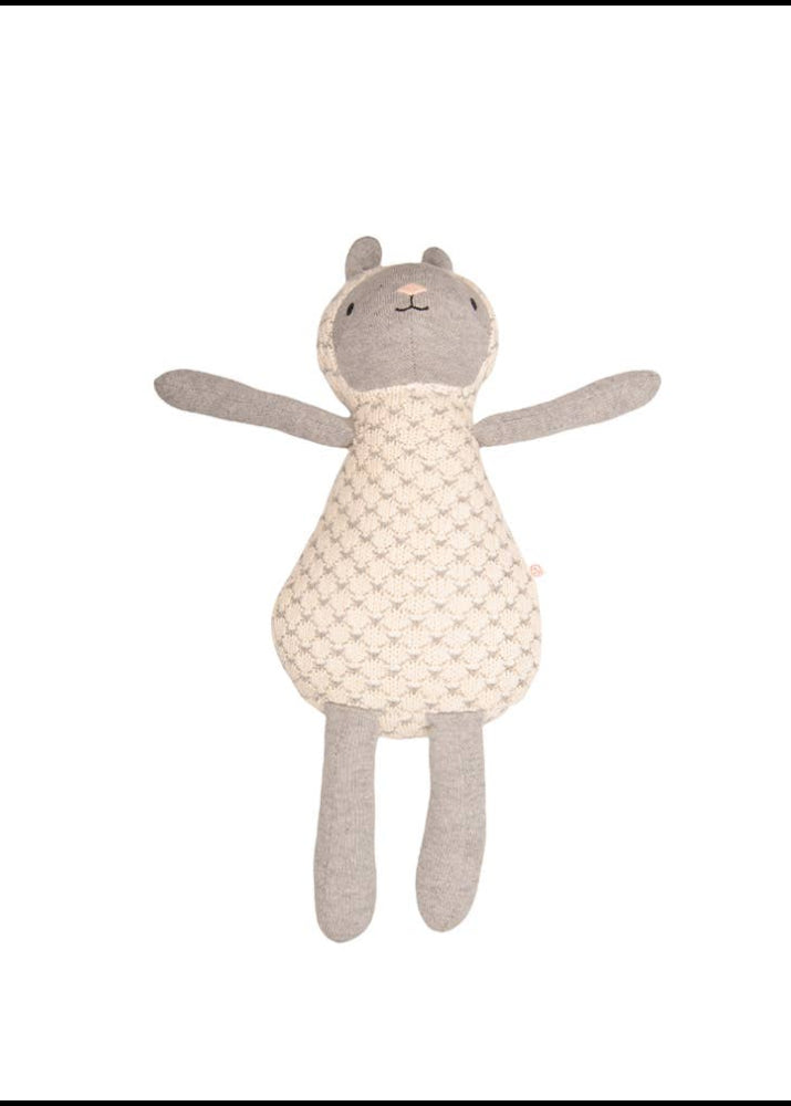 A plush stuffed animal toy shaped like a bear or cat, with gray fabric limbs, ears, and face, and an off-white textured knitted body, centered on a plain white background.