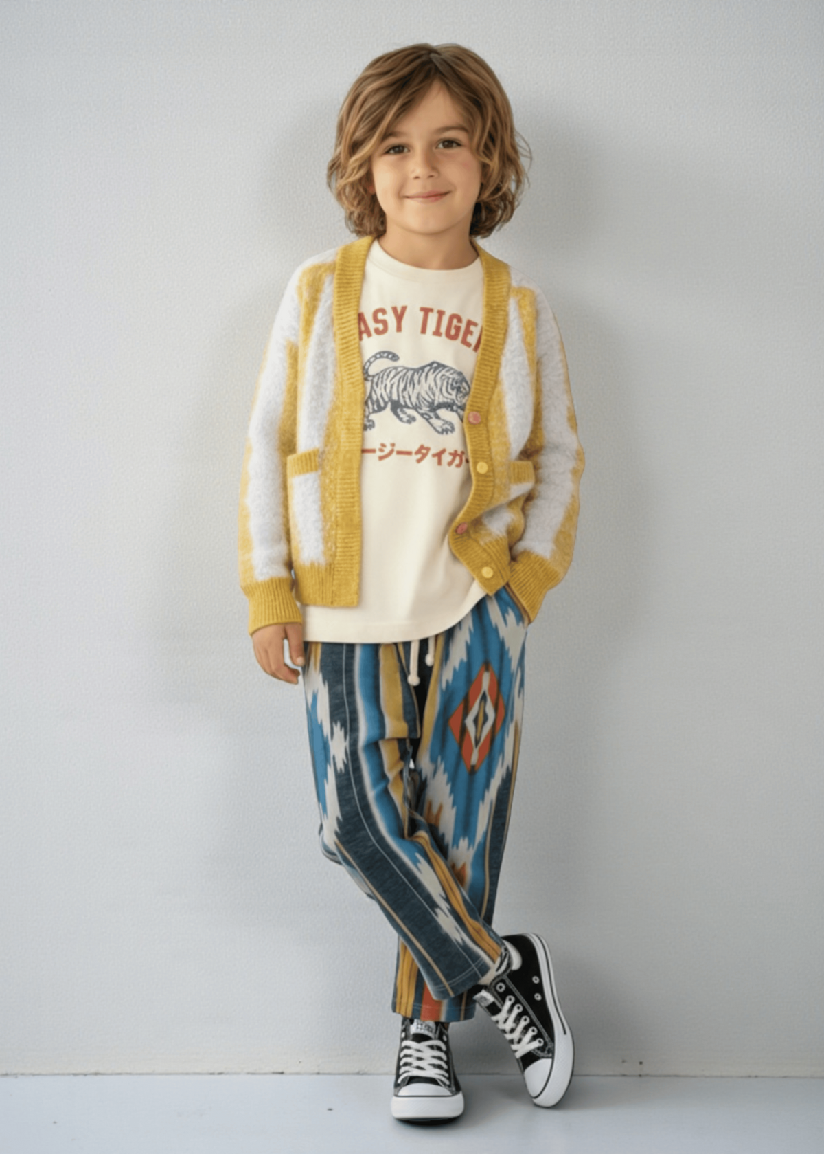 A young boy stands against a light gray wall wearing a cream crewneck sweatshirt with a tiger graphic and 'ASY TIGRE' text, layered under a mustard yellow and white fuzzy cardigan. He is also wearing patterned blue, yellow, and gray pants with black and white sneakers.