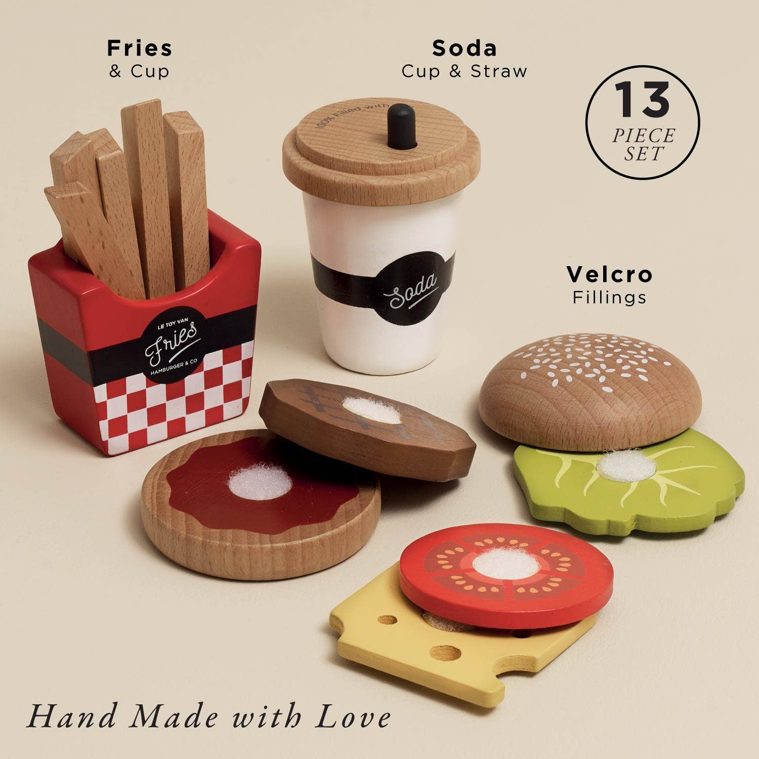 Wooden toy set including fries, cup, and burger with 'Hand Made with Love' text.