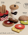 Wooden toy set including fries, cup, and burger with 'Hand Made with Love' text.