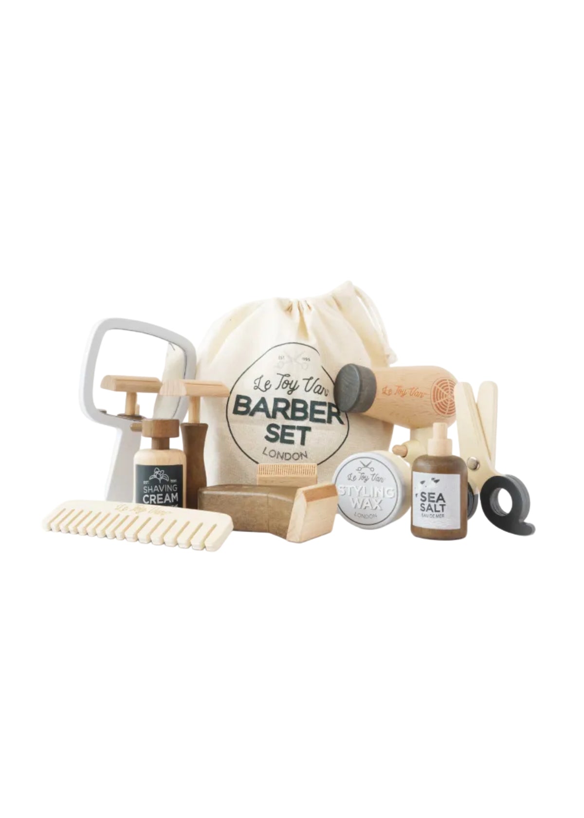 Le Toy Van Barber Set with various grooming tools and a drawstring bag on a white background