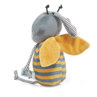 Plush toy bee with yellow and blue striped body on a white background