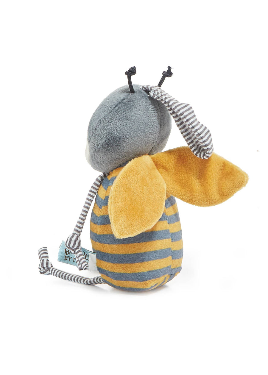 Plush toy bee with yellow and blue striped body on a white background