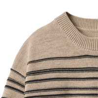Close-up of a beige sweater with black horizontal stripes on a white background