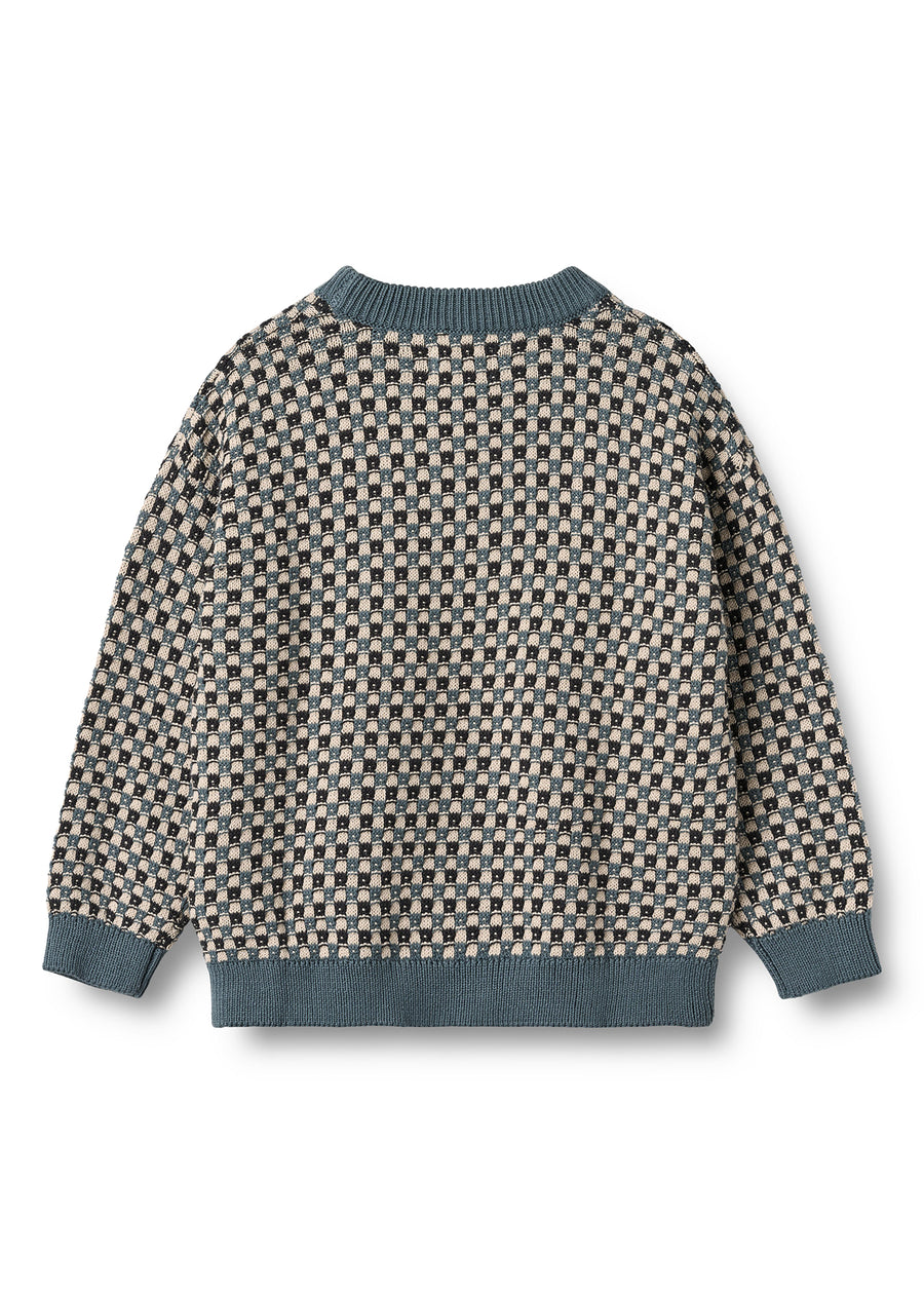 Patterned sweater with blue trim on a white background