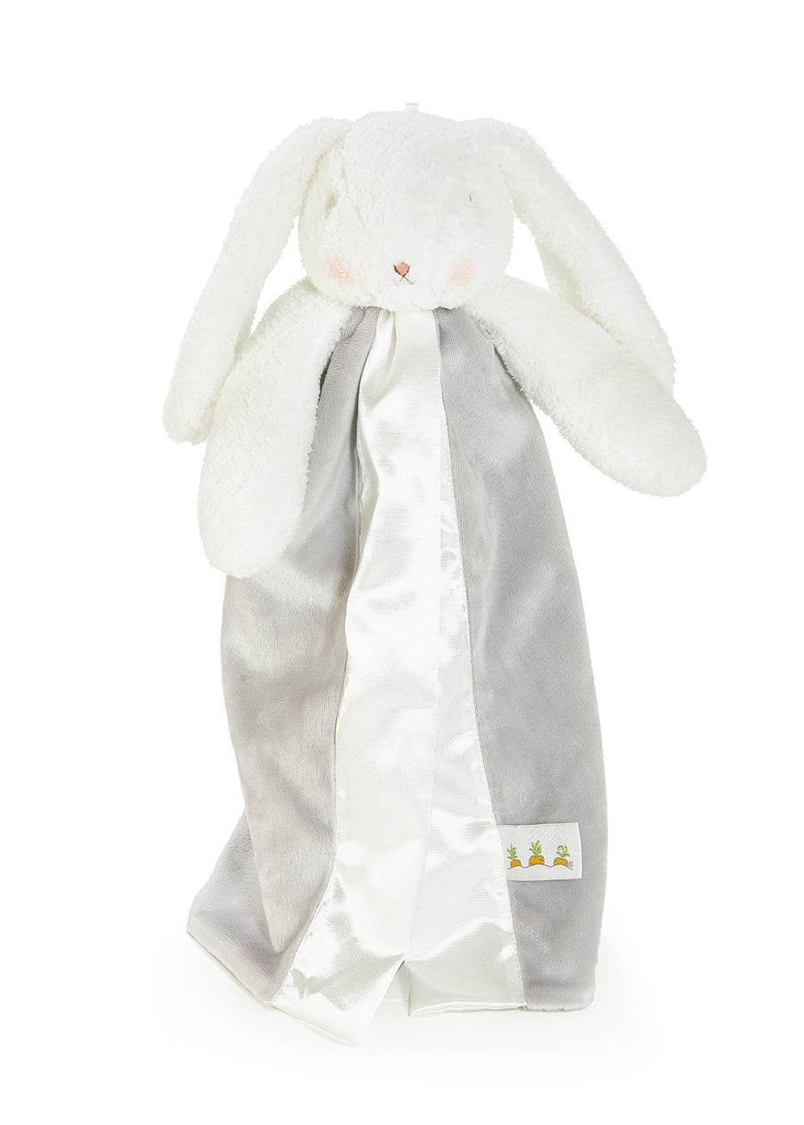 White plush bunny with a gray blanket on a white background