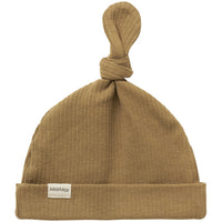 Brown knit baby hat with a knot on top and a visible brand label on a white background