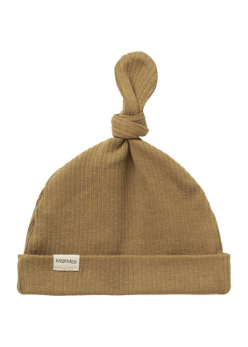 Brown knit baby hat with a knot on top and a visible brand label on a white background