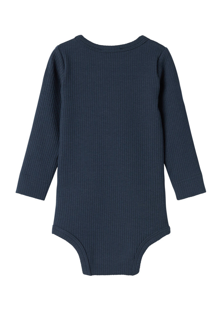 Navy blue ribbed baby onesie on a white background