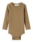 Brown ribbed baby bodysuit on a white background