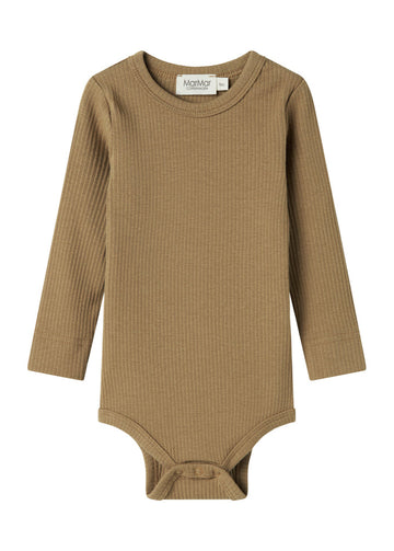 Brown ribbed baby bodysuit on a white background
