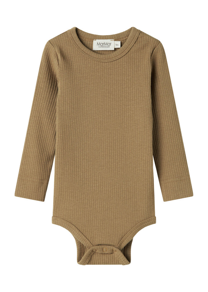 Brown ribbed baby bodysuit on a white background
