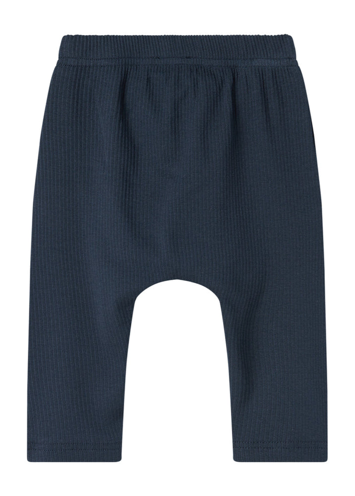Navy blue baby leggings on a white background