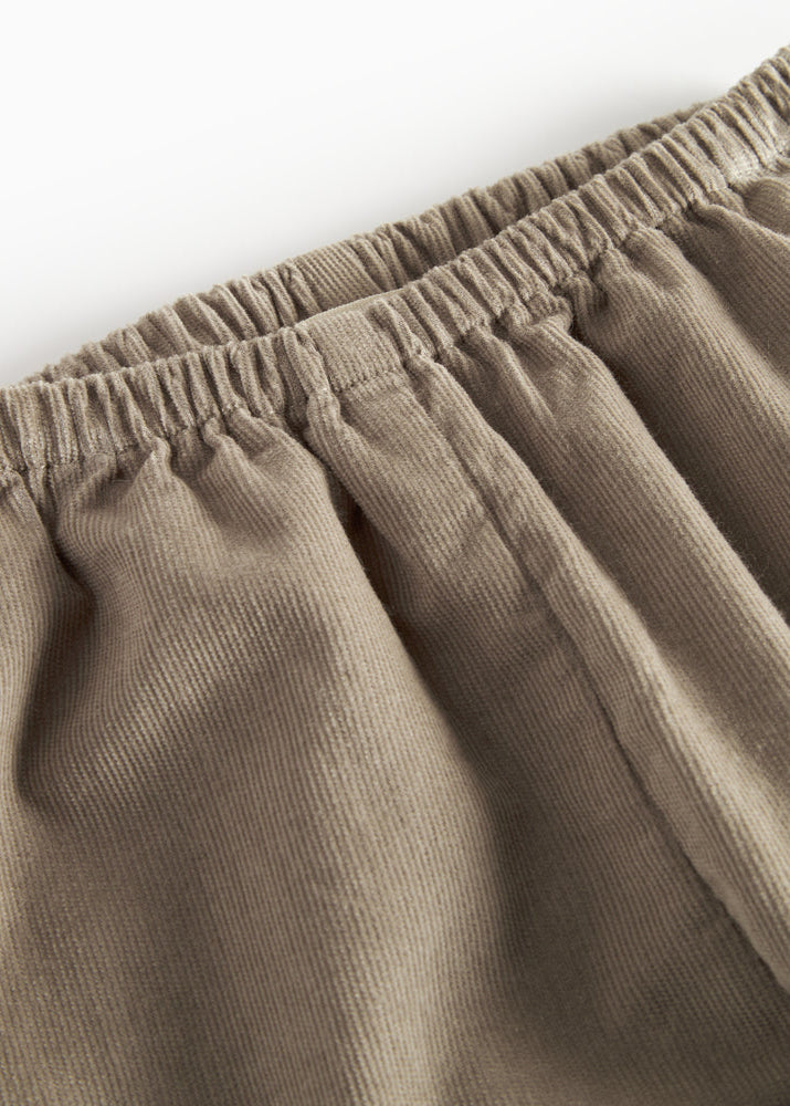 Close-up of beige corduroy pants on a white background