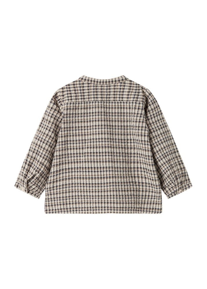 Back view of a checkered shirt on a white background