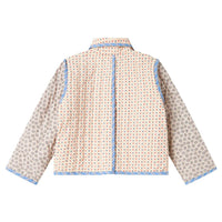 Beige quilted jacket with blue accents on a white background
