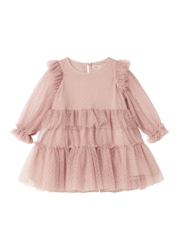 Pink dress with ruffled sleeves and layers on a white background