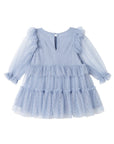 Light blue dress with ruffled sleeves and layers on a white background