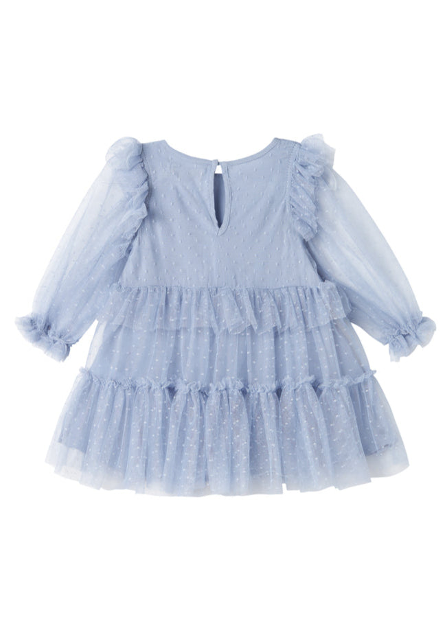 Light blue dress with ruffled sleeves and layers on a white background
