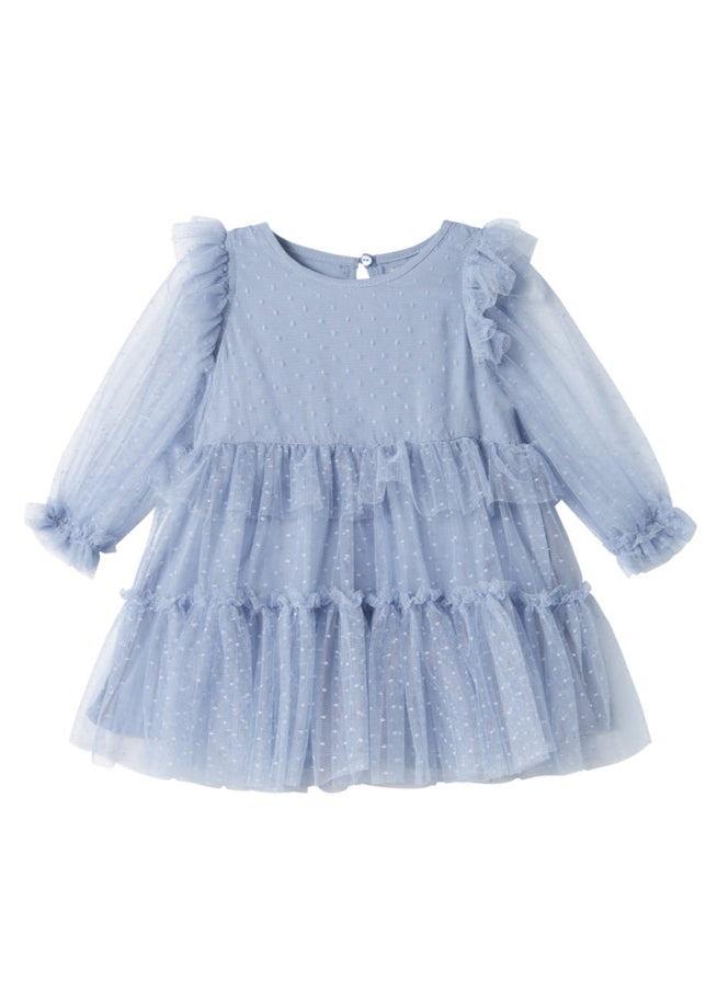 Blue dress with ruffled sleeves and layers on a white background