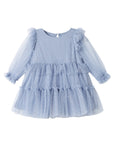 Blue dress with ruffled sleeves and layers on a white background