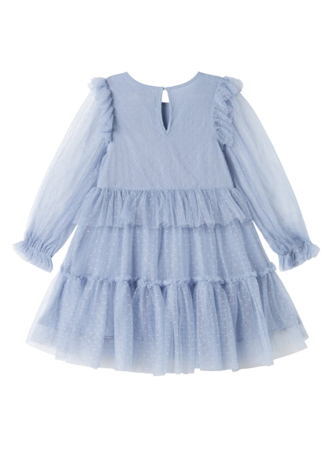 Light blue tiered dress with long sleeves on a white background
