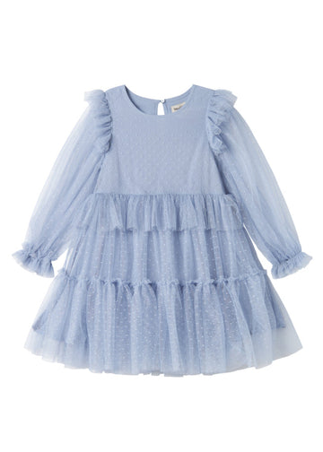 Light blue dress with ruffled sleeves and layers on a white background