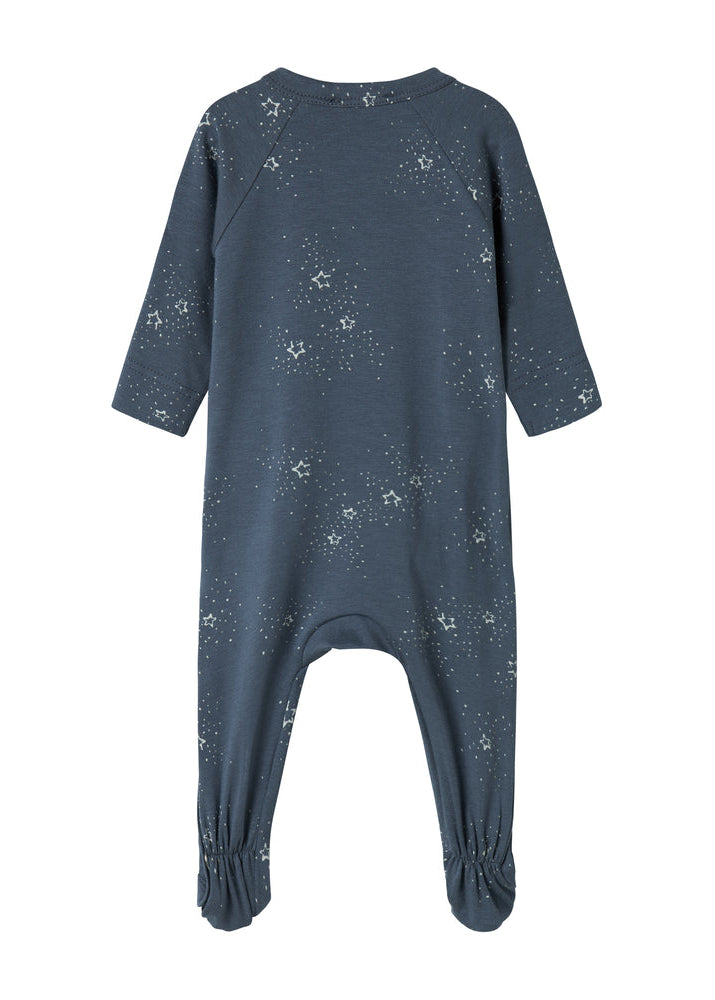 Blue baby onesie with star pattern on a white background